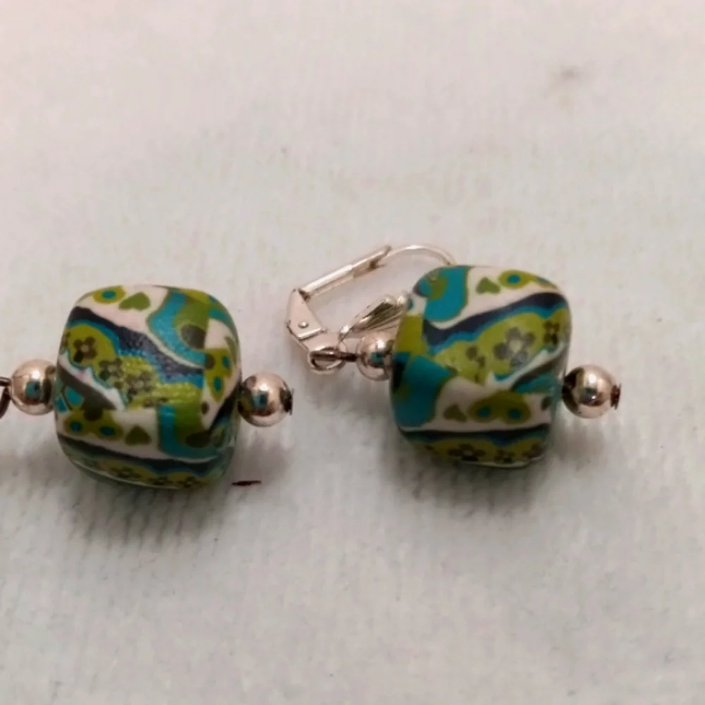 Dangles W/ Hearts & Flowers, Green, Blue, White Squares with Lobster Clasp - Picture 4 of 5